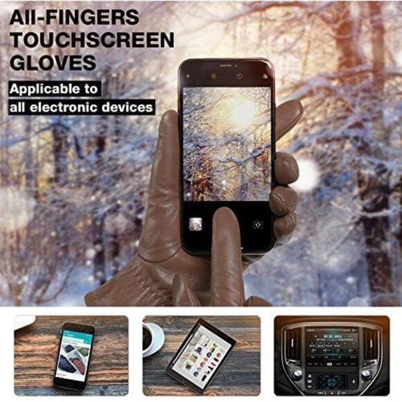 Women's Brown Touch Screen Warm Winter Driving Hull-Hand Leather Gloves - Picture 3 of 5